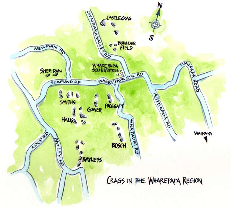 Map of Rock Climbing crags around Wharepapa South, New Zealand